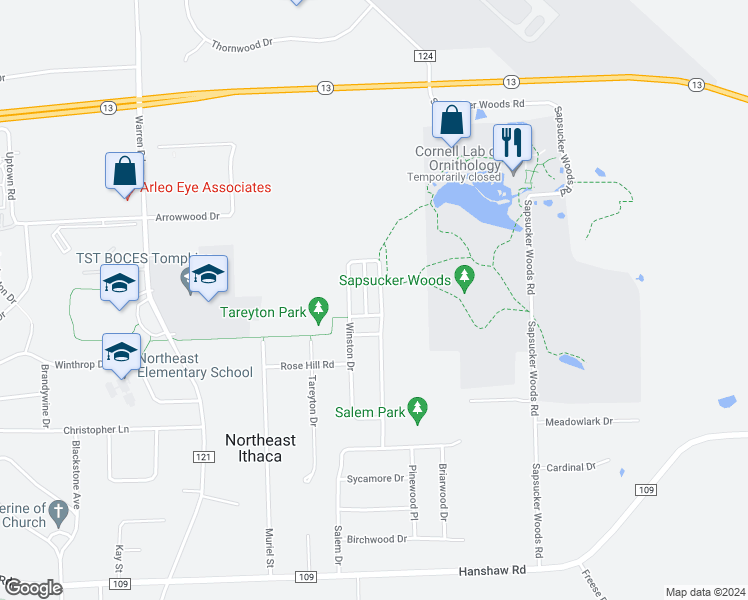 map of restaurants, bars, coffee shops, grocery stores, and more near 604 Winston Court in Ithaca