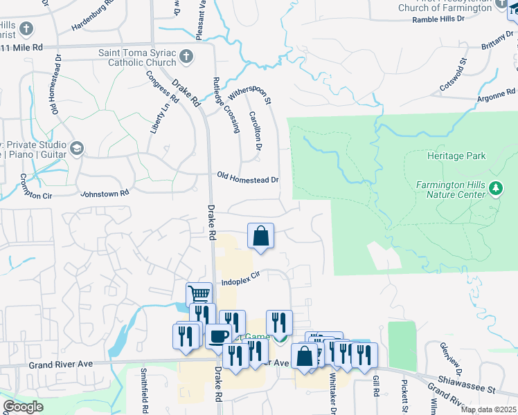 map of restaurants, bars, coffee shops, grocery stores, and more near 35155 Hillside Drive in Farmington Hills
