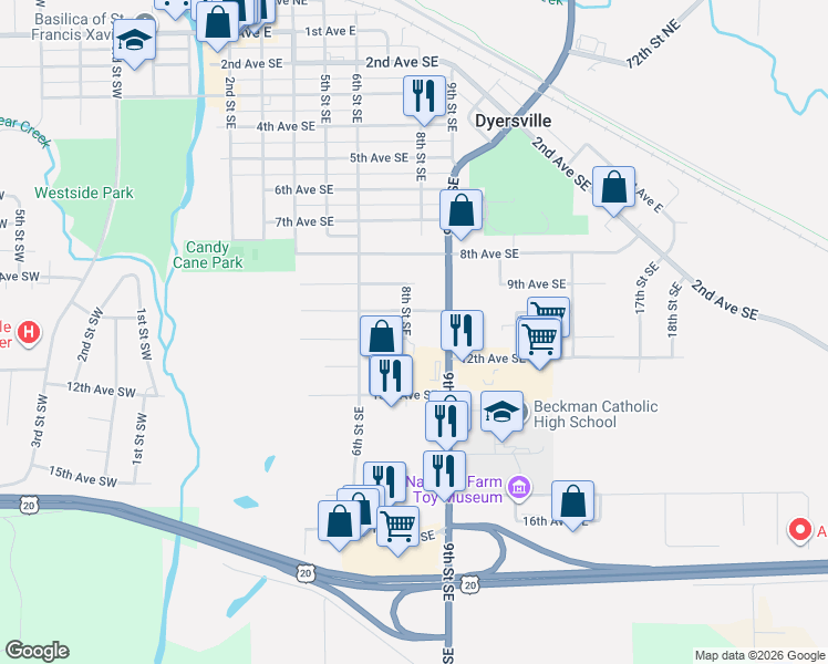 map of restaurants, bars, coffee shops, grocery stores, and more near 1101 8th Street Southeast in Dyersville