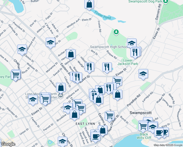 map of restaurants, bars, coffee shops, grocery stores, and more near 15 Essex Street in Swampscott