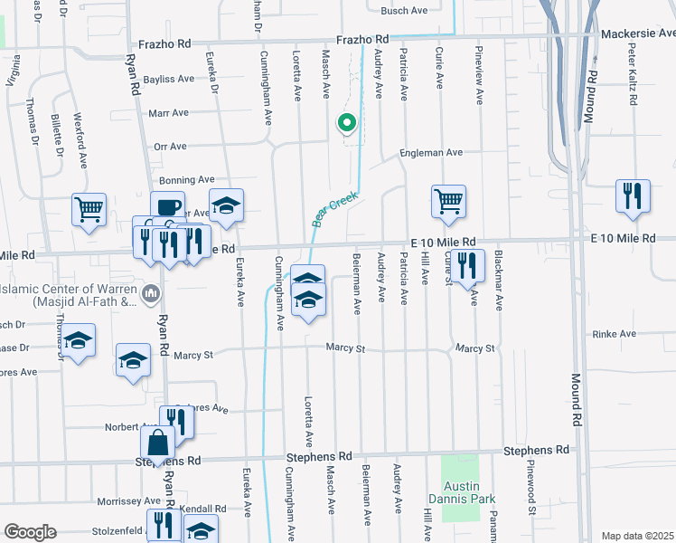 map of restaurants, bars, coffee shops, grocery stores, and more near 24836 Masch Avenue in Warren