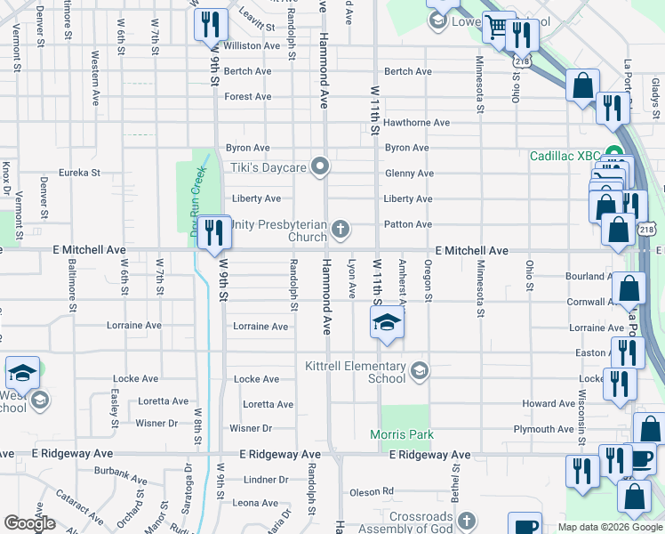 map of restaurants, bars, coffee shops, grocery stores, and more near 1233 Hammond Avenue in Waterloo