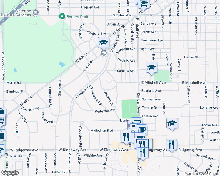 map of restaurants, bars, coffee shops, grocery stores, and more near 127 Belleview Road in Waterloo