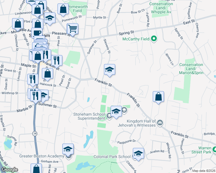 map of restaurants, bars, coffee shops, grocery stores, and more near 3 Emerald Court in Stoneham