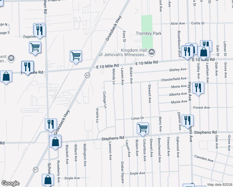 map of restaurants, bars, coffee shops, grocery stores, and more near 24536 Melody Lane in Warren