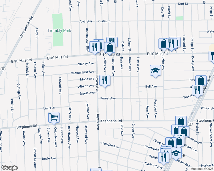 map of restaurants, bars, coffee shops, grocery stores, and more near 24598 Valley Avenue in Eastpointe