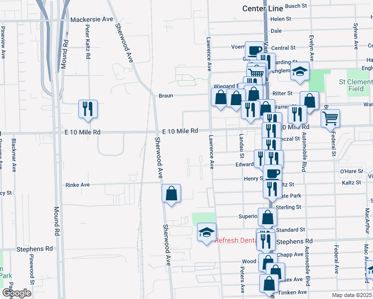 map of restaurants, bars, coffee shops, grocery stores, and more near 7000 East 10 Mile Road in Center Line
