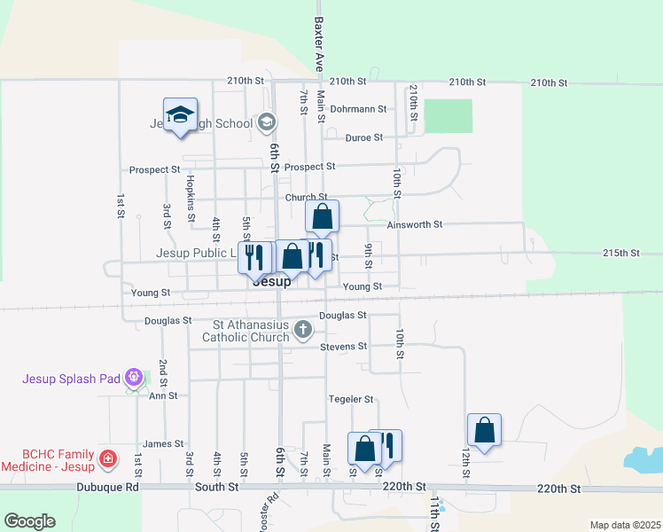 map of restaurants, bars, coffee shops, grocery stores, and more near 701-799 Main Street in Jesup
