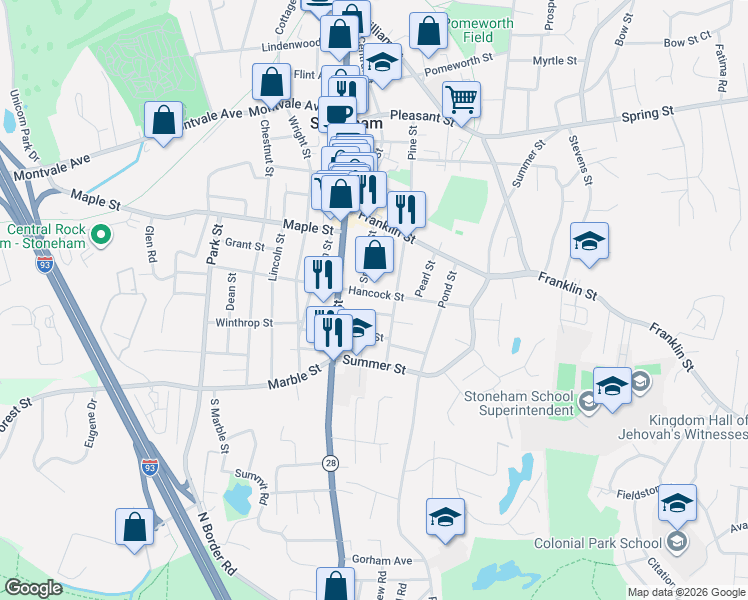 map of restaurants, bars, coffee shops, grocery stores, and more near 19 Middle Street in Stoneham