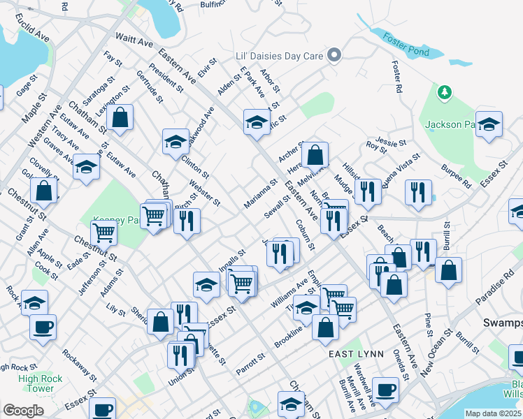 map of restaurants, bars, coffee shops, grocery stores, and more near 81 Jackson Street in Lynn