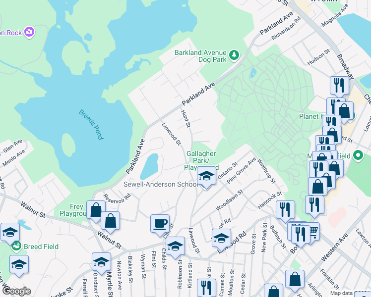 map of restaurants, bars, coffee shops, grocery stores, and more near 185 Linwood Street in Lynn