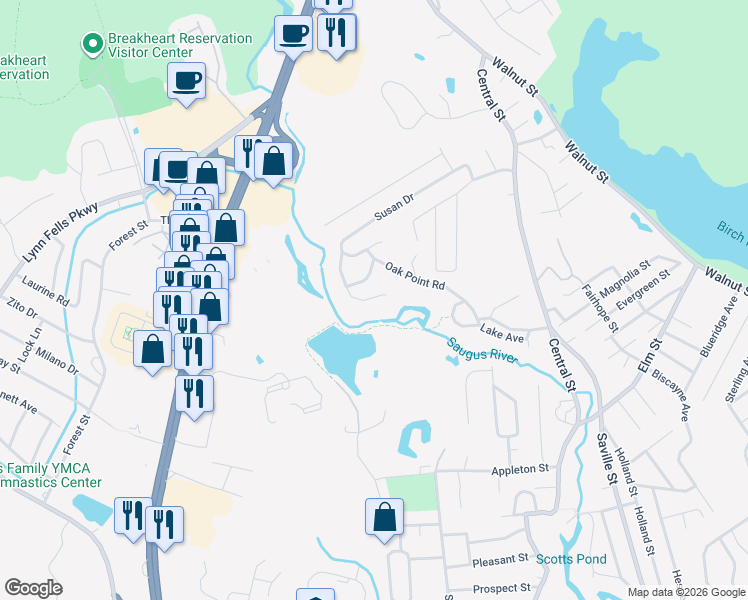 map of restaurants, bars, coffee shops, grocery stores, and more near 3 Nirvana Drive in Saugus