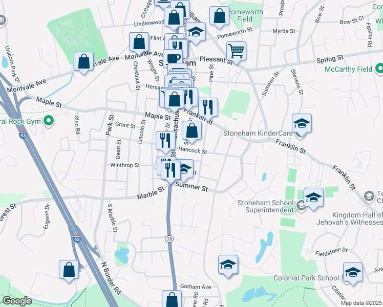 map of restaurants, bars, coffee shops, grocery stores, and more near 19 Middle Street in Stoneham