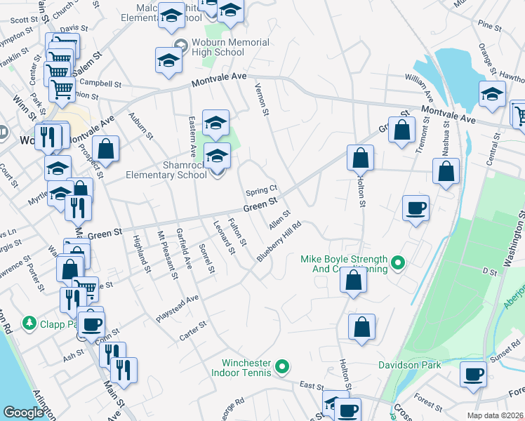 map of restaurants, bars, coffee shops, grocery stores, and more near 6 Madison Street in Woburn