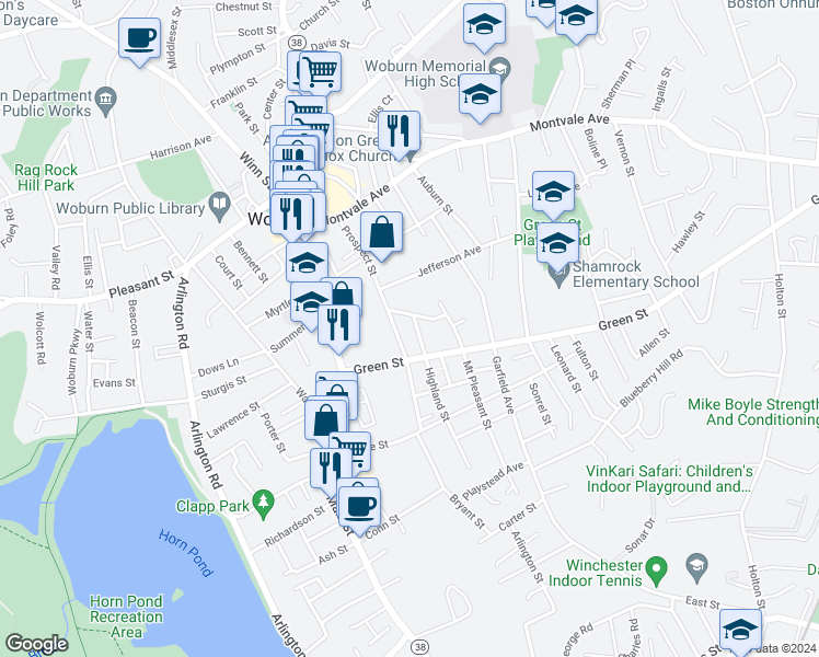 map of restaurants, bars, coffee shops, grocery stores, and more near 18 Green Street in Woburn