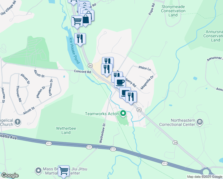 map of restaurants, bars, coffee shops, grocery stores, and more near 14 Wetherbee Street in Acton