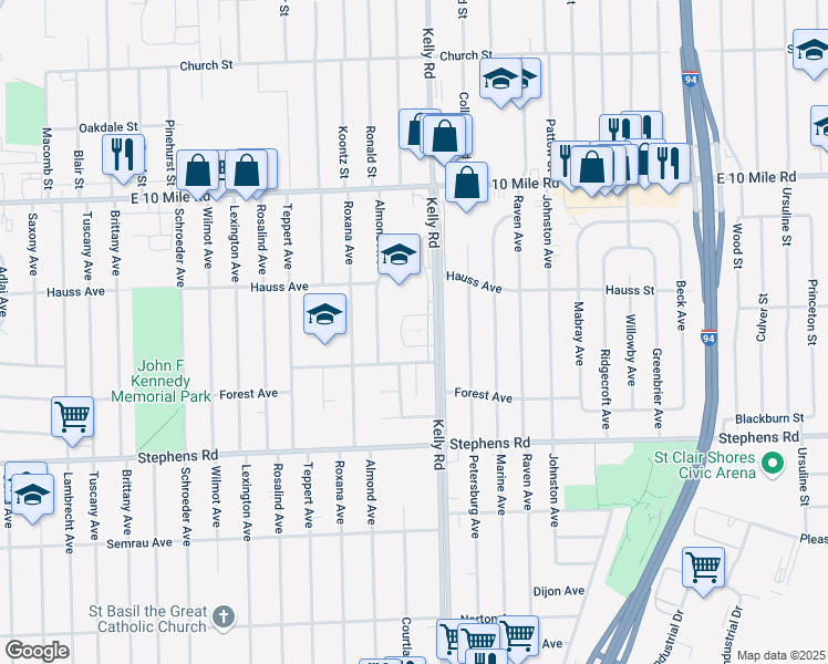 map of restaurants, bars, coffee shops, grocery stores, and more near 18585 Forest Avenue in Eastpointe