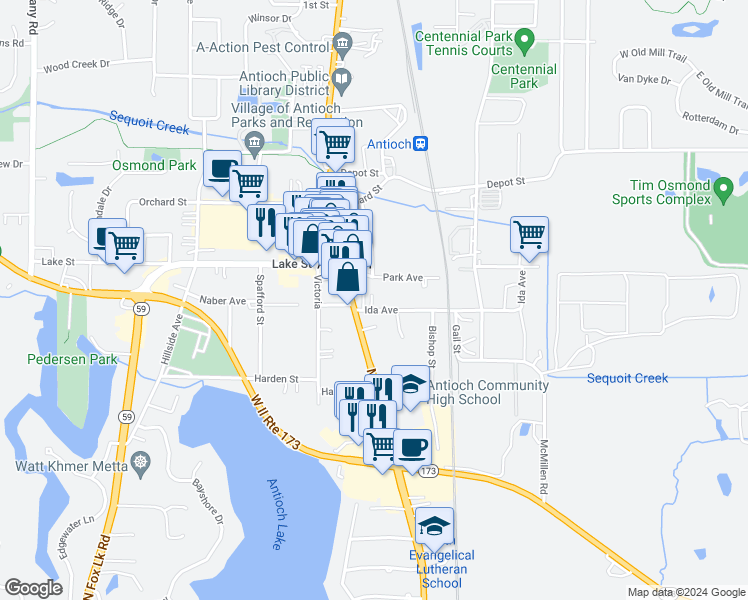 map of restaurants, bars, coffee shops, grocery stores, and more near 1001 Illinois 83 in Antioch