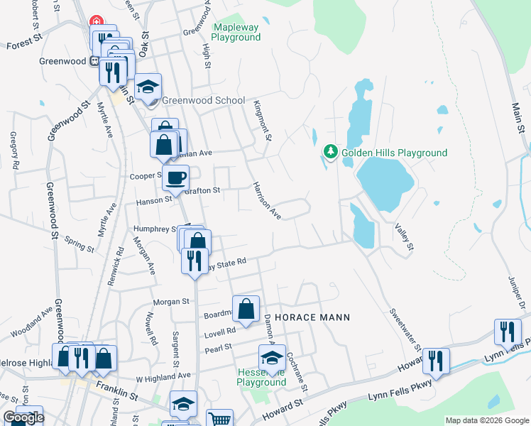 map of restaurants, bars, coffee shops, grocery stores, and more near 93 Harrison Avenue in Wakefield