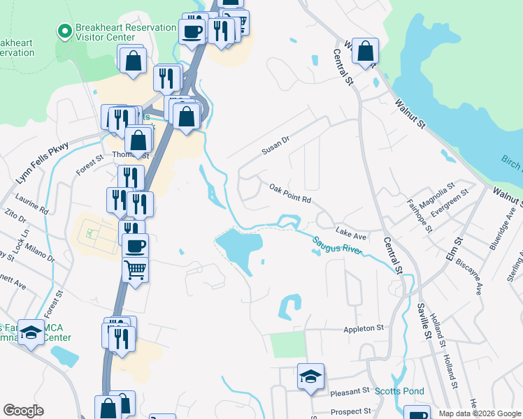 map of restaurants, bars, coffee shops, grocery stores, and more near 3 Nirvana Drive in Saugus