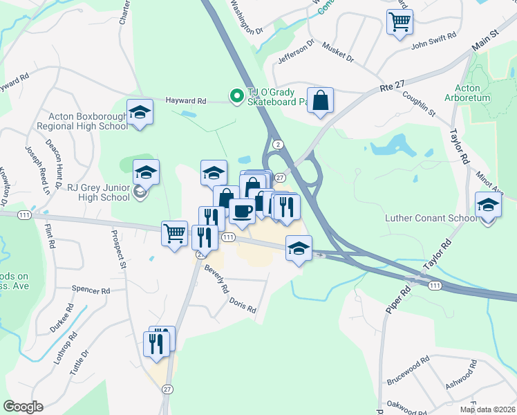 map of restaurants, bars, coffee shops, grocery stores, and more near 297 Main Street in Acton