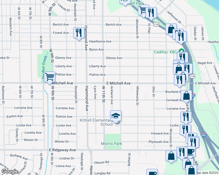 map of restaurants, bars, coffee shops, grocery stores, and more near 1012 Amherst Avenue in Waterloo