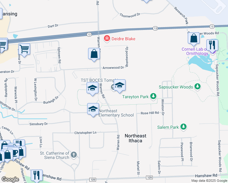 map of restaurants, bars, coffee shops, grocery stores, and more near 555 Warren Road in Ithaca