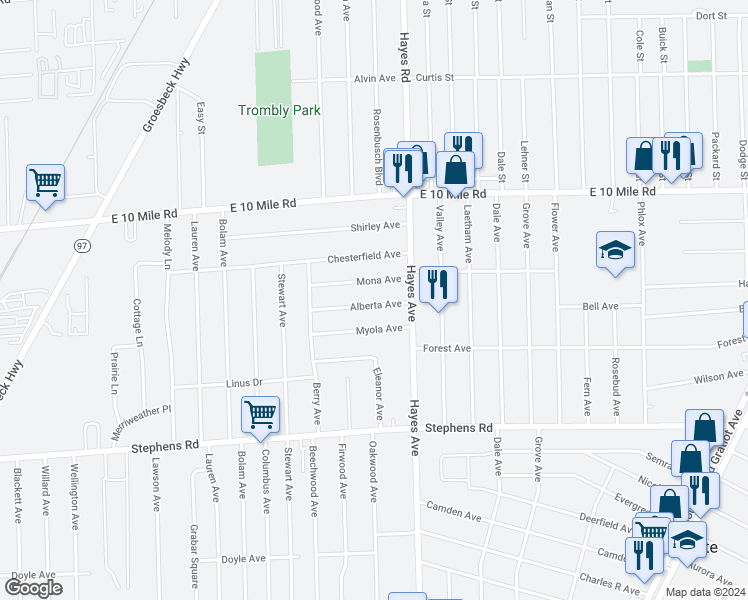 map of restaurants, bars, coffee shops, grocery stores, and more near 14913 Alberta Avenue in Warren