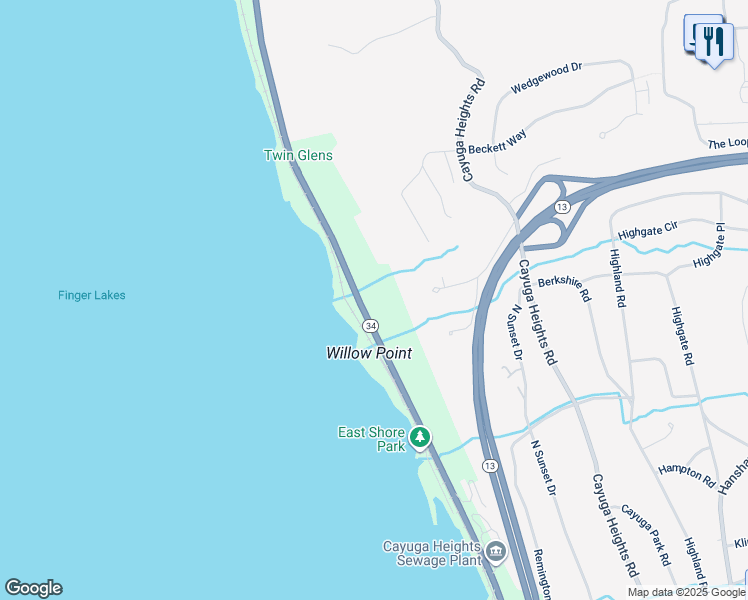 map of restaurants, bars, coffee shops, grocery stores, and more near 1113 East Shore Drive in Ithaca