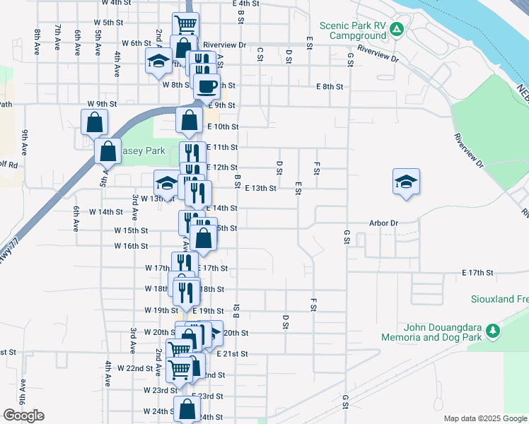 map of restaurants, bars, coffee shops, grocery stores, and more near 325 East 15th Street in South Sioux City