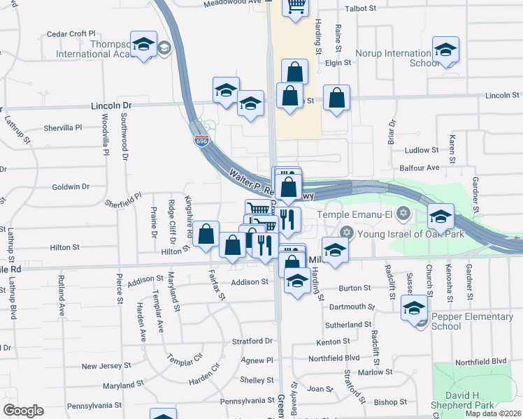 map of restaurants, bars, coffee shops, grocery stores, and more near 25225 Greenfield Road in Southfield