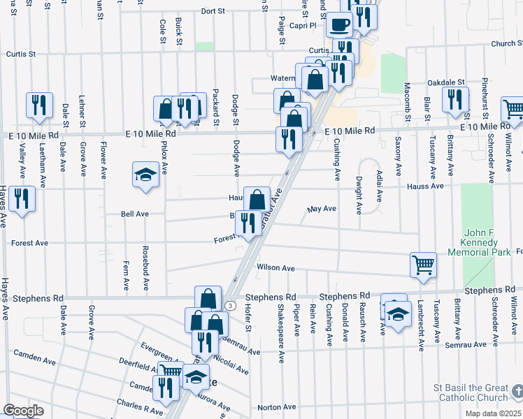 map of restaurants, bars, coffee shops, grocery stores, and more near 24515 Gratiot Avenue in Eastpointe