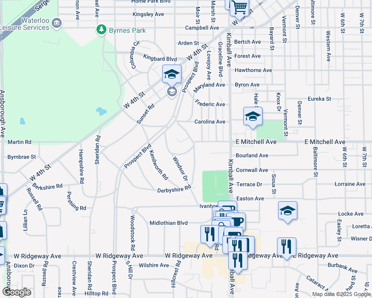 map of restaurants, bars, coffee shops, grocery stores, and more near 127 Belleview Road in Waterloo