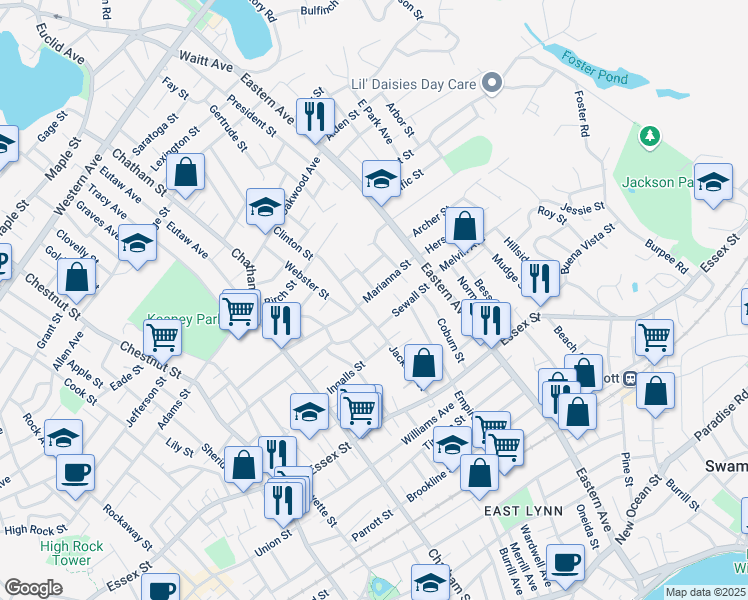 map of restaurants, bars, coffee shops, grocery stores, and more near 81 Jackson Street in Lynn