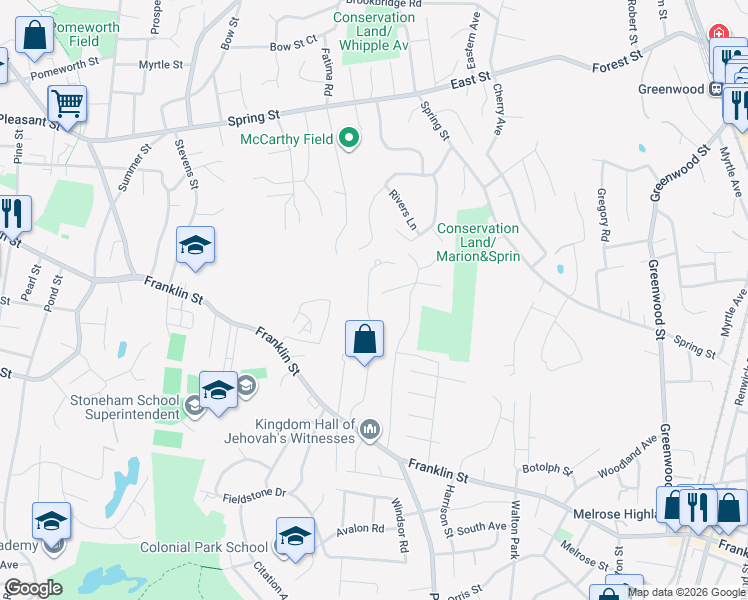 map of restaurants, bars, coffee shops, grocery stores, and more near 27 Ellen Road in Stoneham