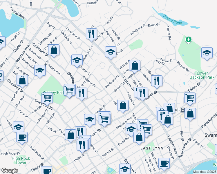 map of restaurants, bars, coffee shops, grocery stores, and more near 81 Jackson Street in Lynn
