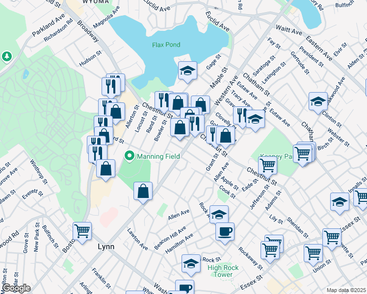 map of restaurants, bars, coffee shops, grocery stores, and more near 278 Western Avenue in Lynn