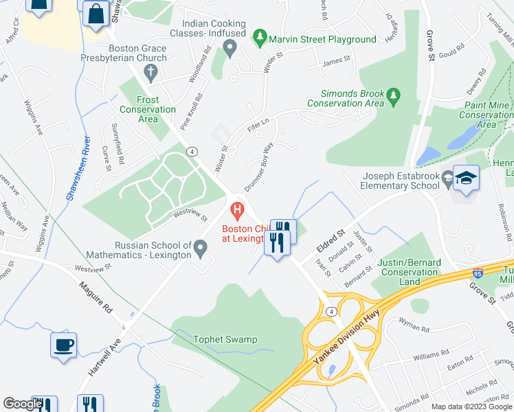 map of restaurants, bars, coffee shops, grocery stores, and more near 475 Bedford Street in Lexington