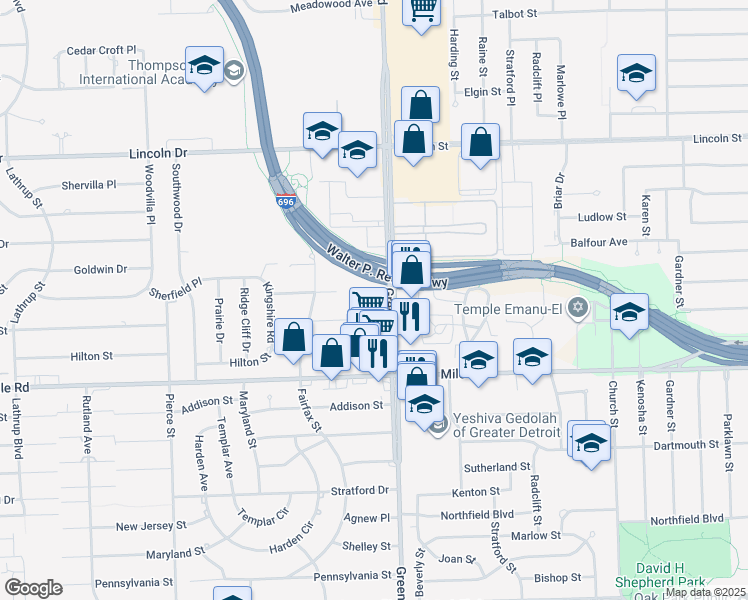 map of restaurants, bars, coffee shops, grocery stores, and more near 25177 Greenfield Road in Southfield