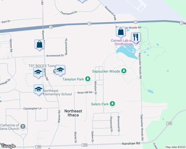 map of restaurants, bars, coffee shops, grocery stores, and more near 406 Winston Court in Ithaca