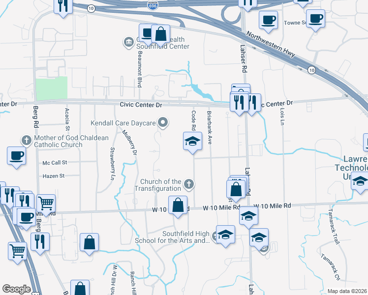 map of restaurants, bars, coffee shops, grocery stores, and more near 25601 Code Road in Southfield