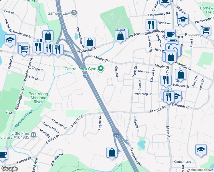 map of restaurants, bars, coffee shops, grocery stores, and more near 107 Hill Street in Stoneham