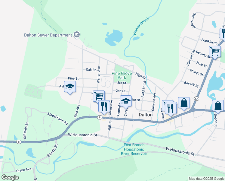 map of restaurants, bars, coffee shops, grocery stores, and more near Curtis Avenue in Dalton