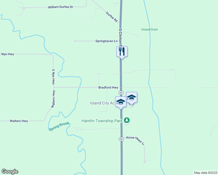 map of restaurants, bars, coffee shops, grocery stores, and more near 8895 Bradford Road in Eaton Rapids