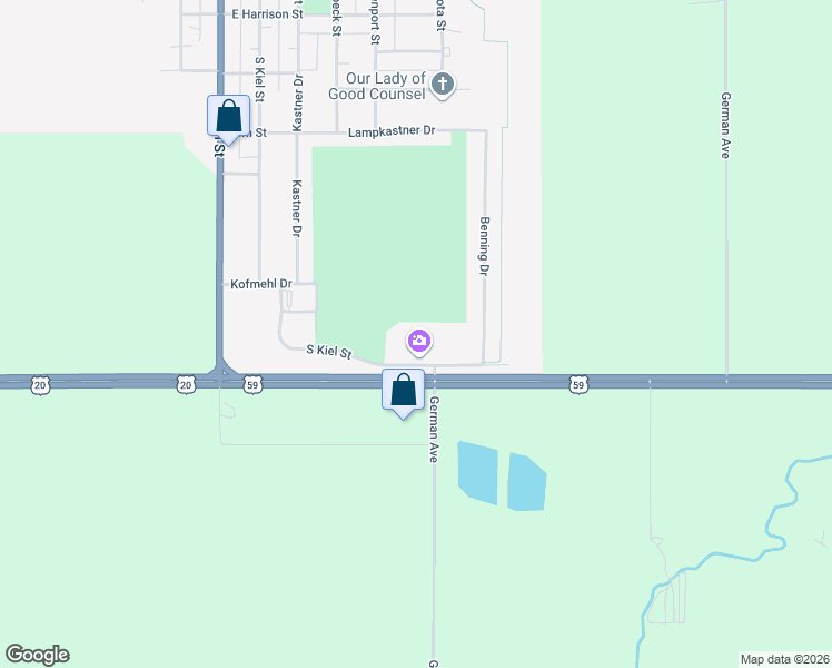 map of restaurants, bars, coffee shops, grocery stores, and more near 1500 South Kiel Street in Holstein