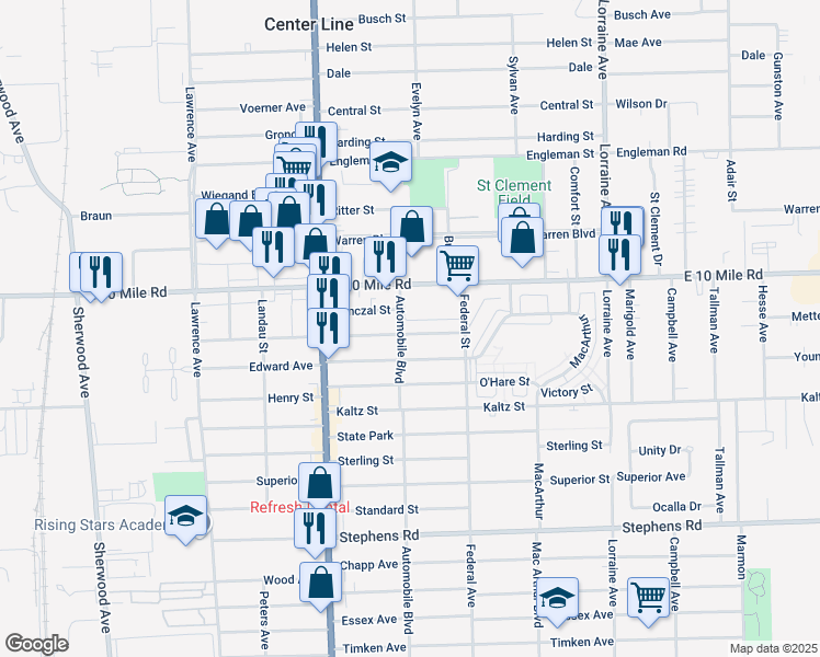 map of restaurants, bars, coffee shops, grocery stores, and more near 8211 Coolidge Avenue in Center Line