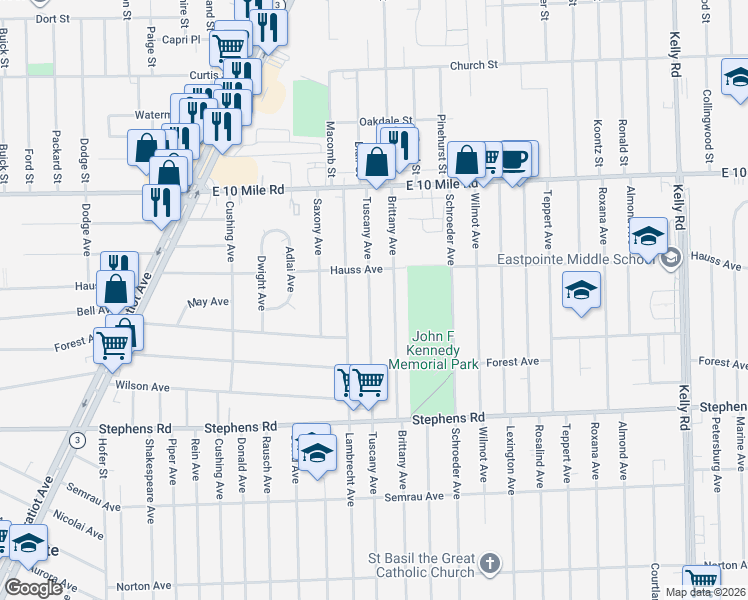map of restaurants, bars, coffee shops, grocery stores, and more near 24703 Tuscany Avenue in Eastpointe