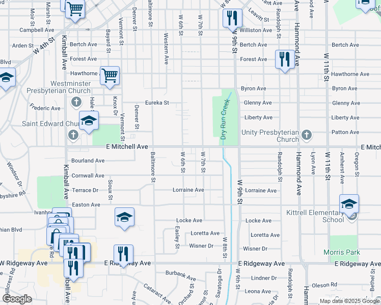 map of restaurants, bars, coffee shops, grocery stores, and more near 814 East Mitchell Avenue in Waterloo