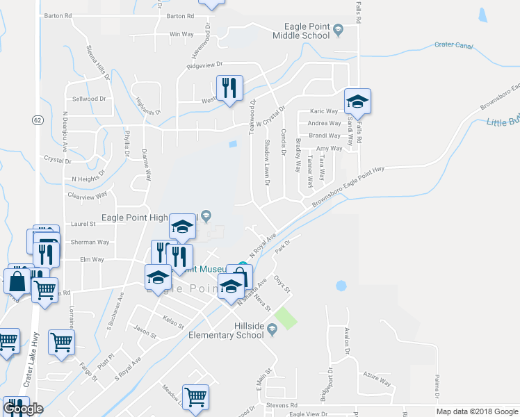 map of restaurants, bars, coffee shops, grocery stores, and more near 40 East Archwood Drive in Eagle Point