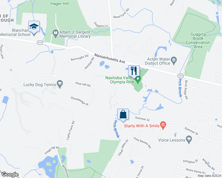 map of restaurants, bars, coffee shops, grocery stores, and more near 117 Summer Road in Boxborough